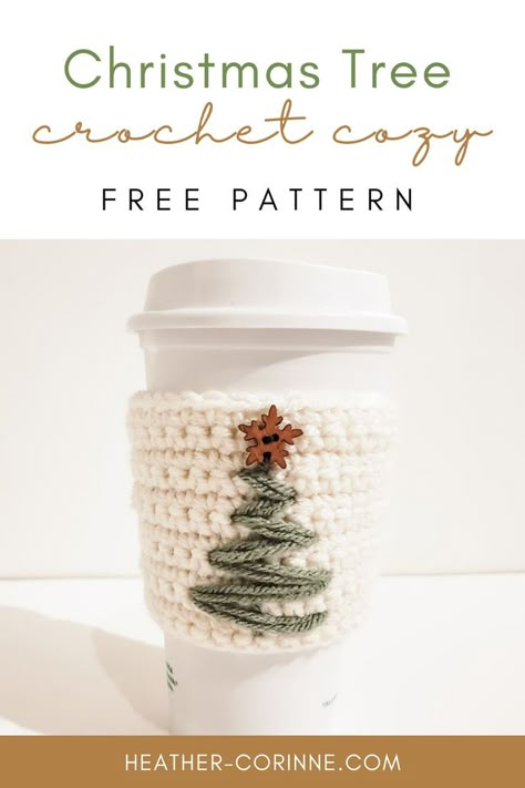 Crochet Christmas Tree Cozy Free Pattern found at heather-corinne.com Free Coffee Mug Cozy Pattern, Beginner Crochet Projects Christmas, Beginner Crochet Coffee Cozy, Free Crochet Coffee Cozy, Christmas Cup Holder Crochet, Crochet Mug Cozy Christmas, Crochet Christmas Cozies, Diy Crochet Cup Cozy, Mug Koozie Crochet