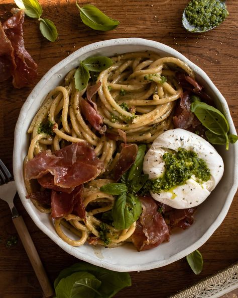 Pasta Recipes Burrata, Pasta Dishes With Burrata, Burrata Prosciutto Pasta, Pesto And Burrata Pasta, Pasta Recipes With Burrata, Rustic Pasta Recipes, Pasta And Burrata, Fancy Meal Recipes, Whole Foods Dinner Ideas