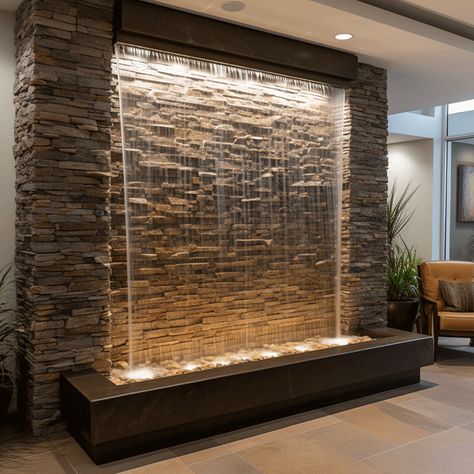 Interior Waterfall Design, Waterfall In House Living Rooms, Feature Entry Wall, Diy Water Feature Indoor, Outdoor Fountain Ideas Water Walls, Home Waterfall Indoor Wall Fountains, Fountain Inside House, Water Feature Wall Outdoor, Water Feature Wall Indoor