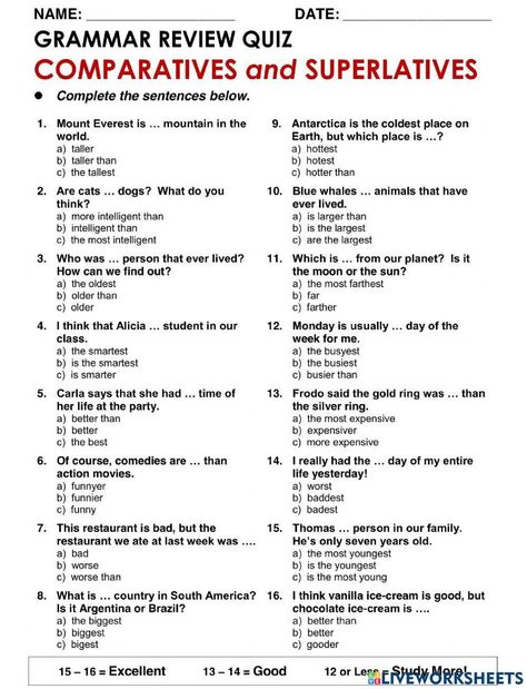 Comparative and Superlative Adjectives interactive activity for Grade 3. You can do the exercises online or download the worksheet as pdf. Comparative And Superlative, English Grammar Test, English Grammar Quiz, Grammar Review, English Grammar Exercises, English Quiz, English Adjectives, Adjective Worksheet, Grammar Quiz