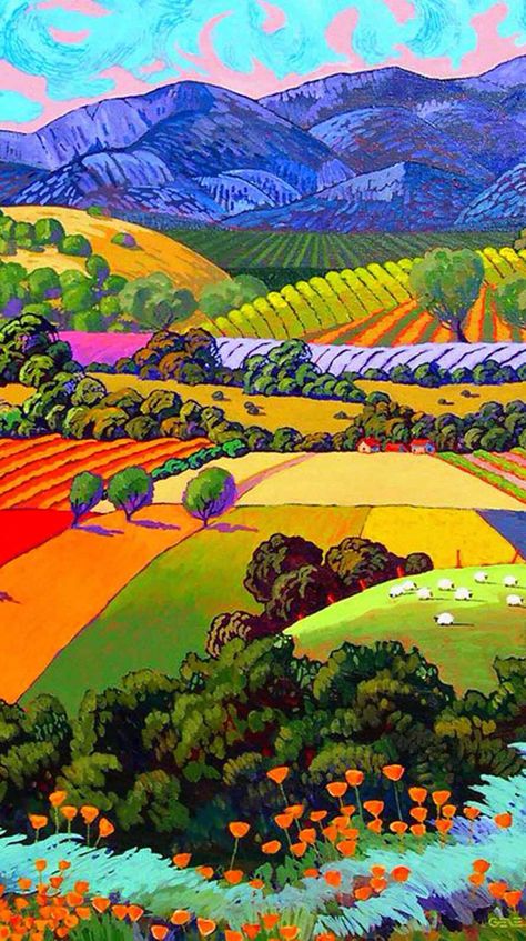 Whatcha think? Landscape Quilts, California Wine, Southwest Art, David Hockney, 수채화 그림, Naive Art, Rolling Hills, Colorful Landscape, Wine Country