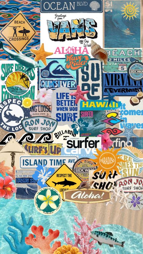 Surfing Wallpaper, Summer Prints Wallpaper, Beachy Wallpapers, Surfer Aesthetic, Surf Room, Beach Wall Collage, Surf Stickers, Wallpaper Beach, Cute Summer Wallpapers