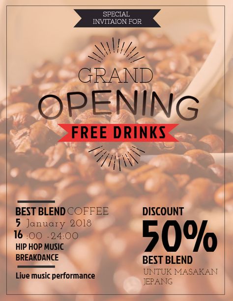 Cafe Offer Poster, Grand Opening Poster Design Ideas, Cafe Opening Poster, Coffee Shop Flyer Design, Coffee Shop Grand Opening, Pamphlets Design, Roda Gerobak, Coffee Flyer, Shop Grand Opening