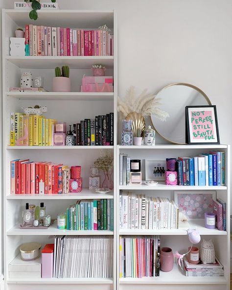 ChloePerkinsx on Instagram: “let’s play a game called count the candles” Colour co-ordinated book shelf, shelfie, bookshelf, IKEA billy bookcase White Bookshelf Decor Bedroom, Ikea Bedroom Bookshelf, Preppy Bookshelf Ideas, Bookshelf Books Styling, Ikea Book Shelf Decor, Gaming Room Bookshelf, Billy Bookcase Styling With Books, Aesthetic Room Decor Bookshelf, Clean Bookshelf Aesthetic