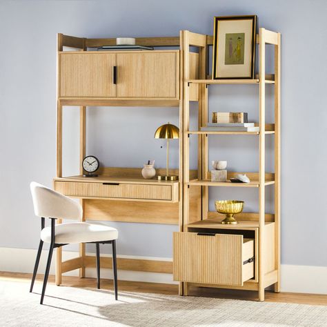 Latitude Run® Thore 2-Piece Transitional Reeded Hutch Desk With Narrow Bookcase & Reviews | Wayfair Transitional Desk, Hutch Desk, Coastal Oak, Slim Bookcase, Narrow Bookshelf, Narrow Bookcase, Wide Bookcase, Desk Dimensions, Furniture Storage Cabinets