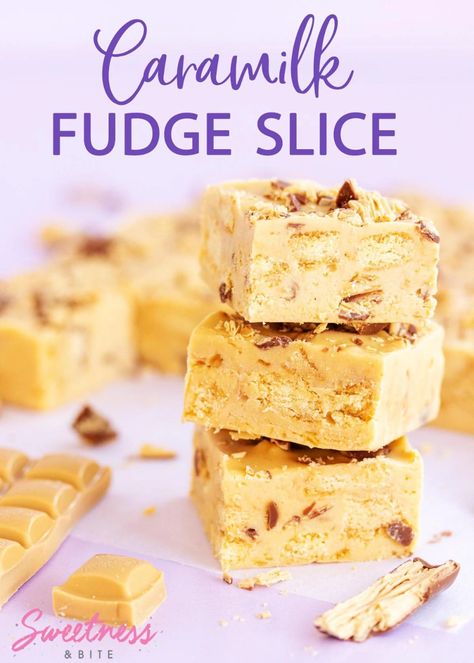 This Caramilk Fudge Slice is the ultimate sweet recipe for any Caramilk lover! Smooth Caramilk fudge with crunchy biscuit pieces and flakes of Caramilk Twirl, you'll have trouble stopping at just one piece! Caramilk Recipes, Nz Recipes, Fudge Slice, Yummy Things To Bake, Crunchy Caramel, No Bake Slices, Easy Fudge, Anzac Biscuits, Milk Dessert