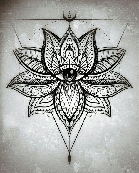 All Seeing Eye Mandala Tattoo, Lotus Third Eye Tattoo, Lotus Neck Tattoo Men, Lotus Crystal Tattoo, Mandala Art Tattoo Ideas, Mandala Neck Tattoo Design, Chest Design Tattoo Men, Gothic Lotus Tattoo, Lotus Sketch Tattoo