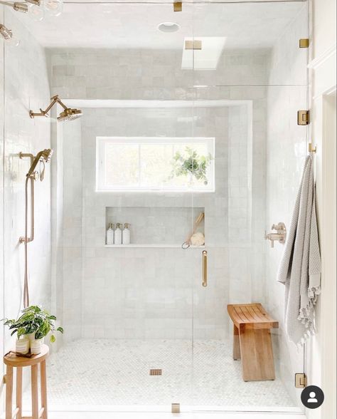 Master Shower With Double Shower Heads, Simple Modern Master Bath, Neutral Bathroom Ideas Modern, Steam Shower With Window, Timeless Shower Ideas, Long Narrow Master Bath, Organic Master Bath, Shower With Large Window, Shower In Front Of Window