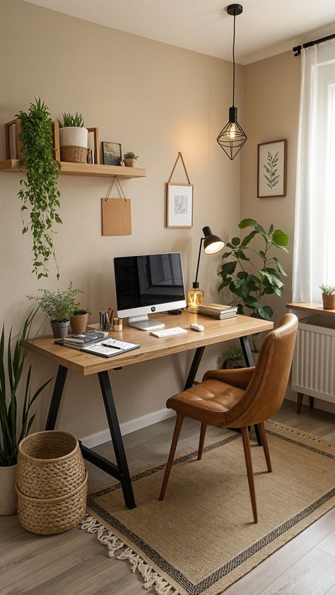 Desk Set Up Inspiration, Home Office Design Small Spare Room, Gender Neutral Office Decor, Home Office White And Wood, Bedroom Office Interior Design, Imac Office Aesthetic, Snug Office Room Ideas, Simple Office Space Ideas, Corner Desk Aesthetic Inspiration