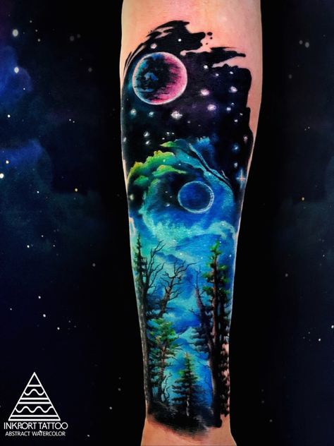 Space Forest by inkport tattoo - @inkporttattoo #Москва #moscowtattoo #space #tattooartist #акварельтату #moscow #watercolor #woods #usa #tattoomoscow #tattoo #forest #татуировка #watercolortattoo inkporttattoo #inkporttattoo #msk #татумастер #dotworktattoo #тату #watercolortattoos #abstract #abstracttattoo #europe moscow watercolortattoo USA Europe watercolortattooartist watercolortattoo | 749938 Watercolor Tattoo Design, Galaxy Tattoos, Northern Lights Tattoo, Galaxy Tattoo Sleeve, Lower Back Tattoo, Galaxy Style, Nebula Galaxy, Planet Tattoos, Galaxy Tattoo