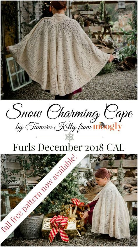 The Snow Charming Cape - the Furls December 2018 CAL - is now complete! Get the full free crochet pattern now! Designed by Moogly, featuring Red Heart Hygge Charm!  #furls #cal #mooglyblog #crochetpattern #redheartyarn Crochet Rennaisance Faire, Crochet Cloak Pattern, Crochet Cloak Pattern Free, Crochet Cape Pattern Free, Crochet Cloak, Pattern Sweaters, Crochet Cape Pattern, Crochet Wraps, Crochet Cape