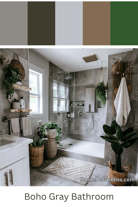 Gray Boho Bathroom: A Modern Twist on the Bohemian Style Green Brown Bathroom Ideas, Grey Bathroom With Pop Of Color, White Bathroom With Colorful Accents, Bathroom Ideas Color Scheme, Boho Bathroom Color Palette, Gray And Green Bathroom Ideas, Grey Boho Bathroom, Grey Bathroom Tiles Colour Schemes, Gray Bathroom Ideas Decor