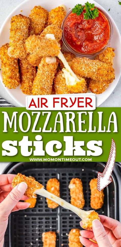 These homemade Air Fryer Mozzarella Sticks are so easy to make! Crispy on the outside with gooey, string cheese on the inside, this quick and easy air fryer appetizer comes together in a few simple steps! // Mom On Timeout Homemade Cheese Sticks, Air Fryer Mozzarella Sticks, Air Fryer Mozzarella, Cheese Sticks Recipe, Homemade Mozzarella Sticks, Air Fryer Recipes Snacks, Snack Prep, Air Fried Food, Air Fryer Oven Recipes