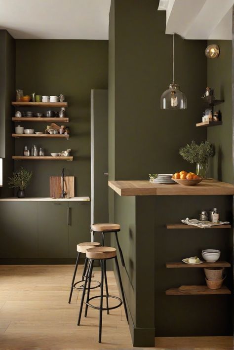 home interior design, designer wall paint, paint color match, kitchen designs Kitchen With Dark Green Walls, Olive Kitchen Walls, Dark Green Kitchen Walls, Olive Green Kitchen Walls, Black Walls Kitchen, Olive Kitchen, Olive Green Kitchen, Beige Kitchen Cabinets, Olive Green Walls