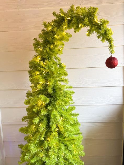 How To Make A Grinch Tree - The Shabby Tree Diy Grinch Hand For Tree, Grinch Porch Decorations, The Grinch Sleigh Diy, Grinch Sled Diy, Whoville Wreath Diy, Diy Grinch Sleigh, Making A Grinch Tree, Upside Down Christmas Tree Ideas Unique, How To Make A Grinch Tree Diy