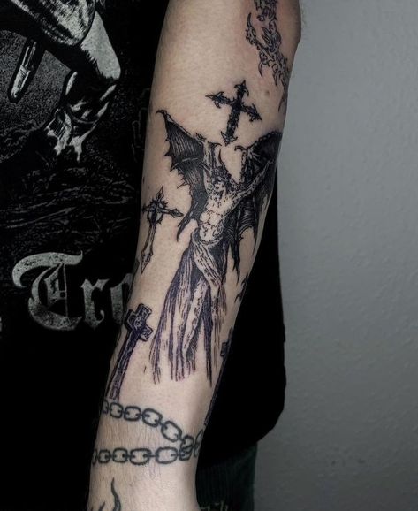 Grunge Tattoo Sleeve Men, Men’s Alternative Tattoos, Cross Cybersigilism Tattoo, Emo Sleeve Tattoo, Goth Tattoos Men, Inverted Tattoo, Gothic Sleeve Tattoo, Gothic Tattoo Sleeve, Gothic Tattoo Men