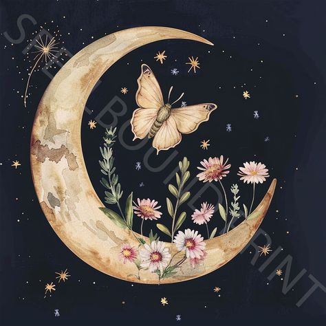 Vintage Crescent Moon Poster, Mystical Moon and Moth Art Print, Stars, Wildflowers, Celestial Wall Art, Moon and Stars Art, Vintage Decor Moon Illustration Aesthetic, Moon And Crystal Tattoo, Moon Cycle Art, Moon And Stars Art, Art Deco Moon, Moth Artwork, Vintage Crescent Moon, Crescent Moon Art, Moth Art Print