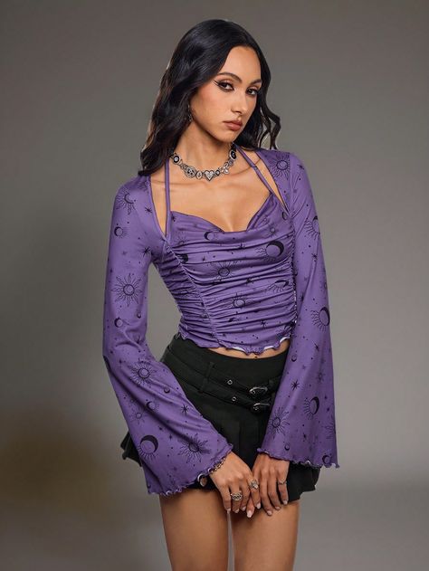 SHEIN X Juliana Mattos SHEIN X empowers creativity by providing fashion designers, artists, and brands unprecedented access to our supply chain, technology, and marketing resources. We are on a mission to make the business of fashion accessible to all.Dark Purple Star Moon Print "Date Night" Tie Back Lettuce Trim Ruched Front Trumpet Sleeve Crop Top For Women,Fall Women Clothes,For Autumn & Winter Purple Casual  Long Sleeve Knitted Fabric Plain,All Over Print  High Stretch  Women Clothing, size Dark Purple Clothes, Top Morado, Dark Purple Shirt, Crop Top For Women, Trumpet Sleeve, Marketing Resources, Star Moon, Moon Print, Top For Women