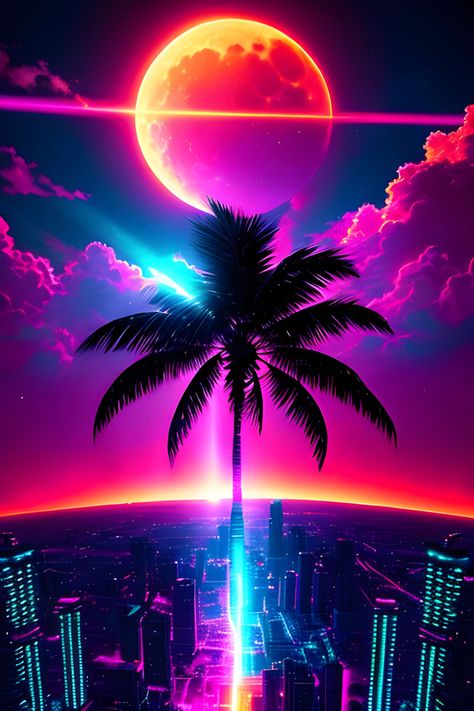 A glowing neon city at night with palm trees and a fantasy full moon. Synthwave vaporwave inspired art Neon Wall Painting, Glowing Wallpaper Aesthetic, Retro Neon Wallpaper, Color Full Wallpaper, Neon Art Wallpaper, Neon City Wallpaper, Neon Wallpaper Aesthetic, Neon Wallpaper Iphone, Neon Lights Wallpaper