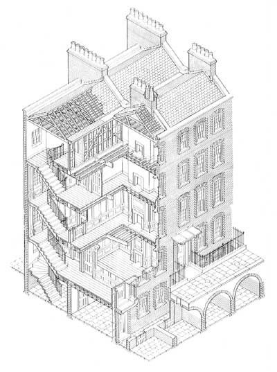 Georgian house from 1720 London Townhouse Floorplan, Townhouse Floorplan, Regency Townhouse, Townhouse Basement, Isometric Drawings, London Terrace House, Regency Architecture, Architectural Sketching, Regency London