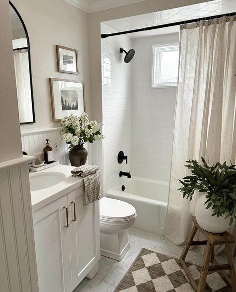 All White Restroom, Natural Element Bathroom, Guest Bathroom Ideas Black Cabinets, Transitional Bedroom Decor Ideas, Gray Bathroom Aesthetic, Apartment Restroom Decor Ideas, Small Cozy Apartment Bathroom, Kathleen Post Home, Small Modern Organic Bathroom