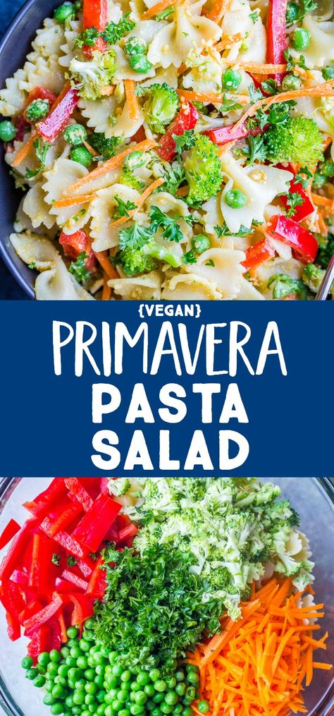 This Primavera Pasta Salad is loaded with tons of fresh spring vegetables and so easy to make! It comes together in just about 20 minutes and is perfect for a light healthy lunch or a side dish for your next picnic, BBQ or potluck! This Primavera Pasta Recipe is also vegan and easily made gluten free! #pastaprimavera #sidedish #vegan #pastasalad Primavera Pasta Recipe, Primavera Pasta Salad, Light Healthy Lunch, Pasta Primavera Salad, Vegan Pasta Primavera, Primavera Pasta, Healthy Light Lunches, Pasta Salad Vegan, Kid Friendly Vegetarian Recipes