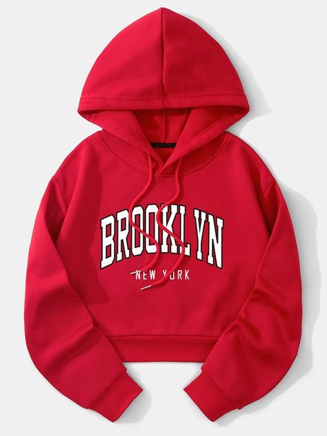 Teddy Hoodie, Drop Shoulder Hoodie, Dropped Shoulder Sweatshirt, Letter Print Hoodie, Crop Hoodie, Winter Fits, Active Hoodie, Red Hoodie, Drawstring Hoodie