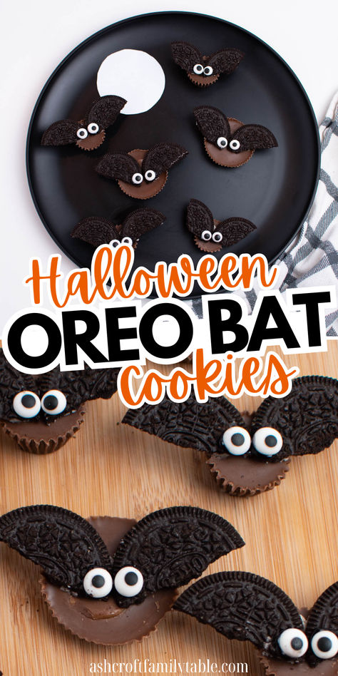 Reeses cup and Oreo bat cookies served as a Halloween dessert, snack and treat. Halloween Snacks No Bake, Bat Treats For Kids, Oreo Cookie Bats Halloween, Halloween Oreo Bat Cookies, Bat Cookies Halloween, Bat Themed Snacks, Halloween Treats Easy For School, Halloween Bat Treats, Bat Snacks For Kids