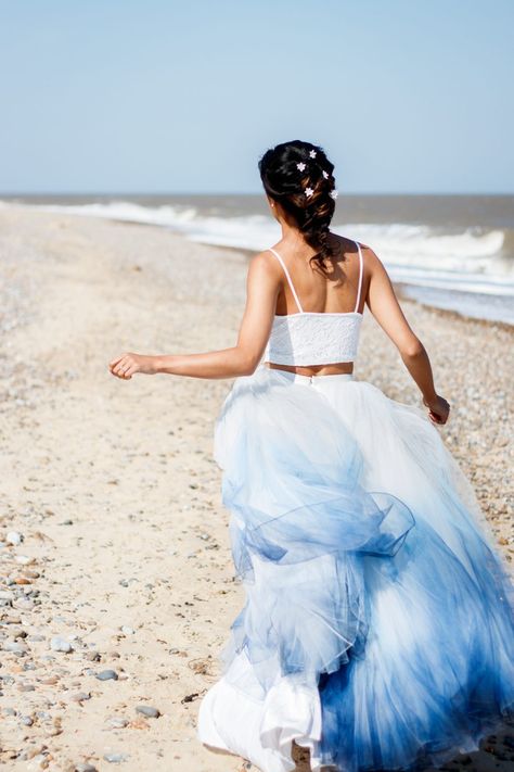 Boho Beach Wedding with Ombre Dress and Blue Wedding Cake  #bridal #beach #watercolour #blue #weddingstyling #alternativewedding #bluewedding #weddinginspo #bouquet #weddingdress #groom #weddinghair #stationary #weddingcake #tulle Dip Dye Wedding Dress, Dreamy Beach Wedding, Ombre Wedding Dress, Watercolour Wedding, Beach Wedding Centerpieces, Dreamy Beach, Wedding Ready, Blue Wedding Inspiration, Ombre Wedding