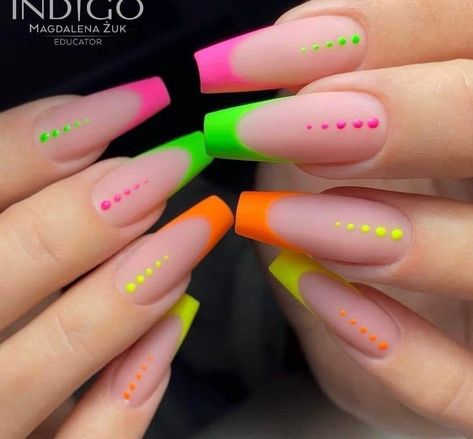 Acrylic Nails All Different Colors, Clear And Neon Nails, White And Neon Nail Designs, Flouresant Nails, Neon Nail Designs Summer, Neon Coffin Acrylic Nails, Neon Acrylic Nails Designs, Neon Nails Square, Nail Ideas Summer 2024