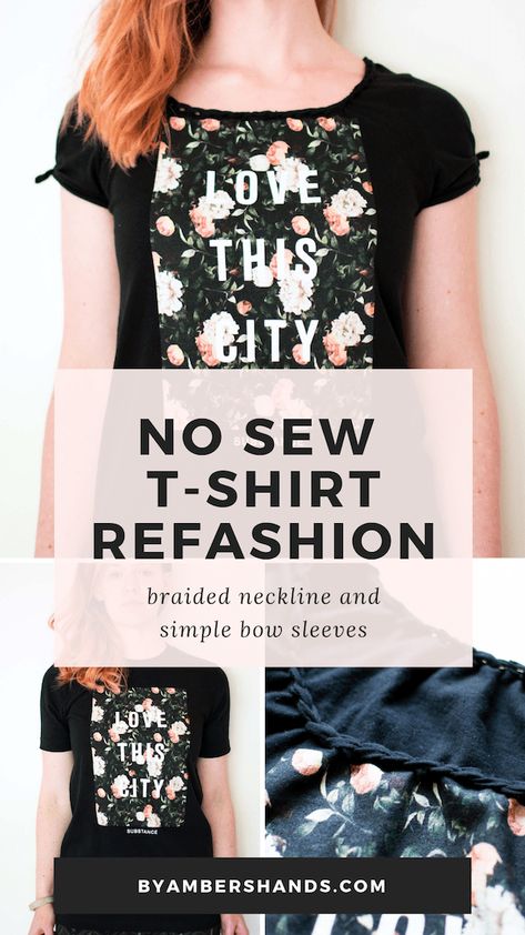 No Sew T-shirt Refashion : Boxy to Feminine in an Hour! T Shirt Restyle, Restyle T Shirt, Tshirt Neckline Refashion Diy, Shirt Too Big Hacks No Sew, Tshirt Neckline Refashion, Tshirt Sleeve Refashion, T Shirt Sleeve Hacks, Cut Tshirt Diy Neckline, Neckline Hacks