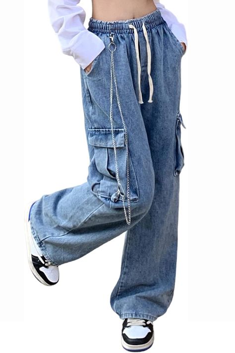 Baggy comfy high waisted jeans #fashion #ideas #baggy #y2k #streetstyle #streetwear #jeans Y2k Boyfriend, Jeans With Chains, Baggy Jeans For Women, Drawstring Cargo Pants, Y2k Cargo Pants, Cargo Outfit, Cargo Hose, Cargo Pants Outfit, Easy Trendy Outfits