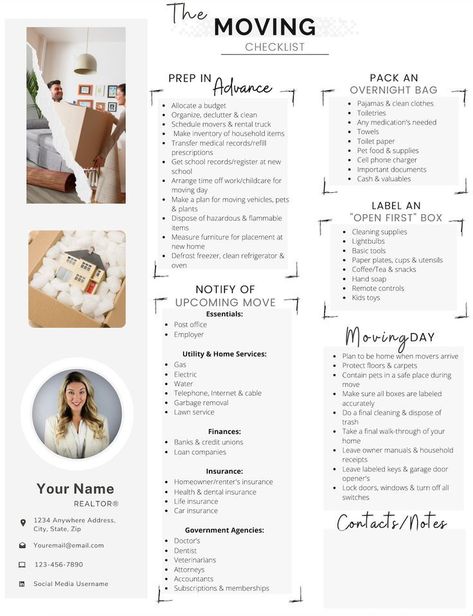 Real Estate Moving Checklist, realtor moving guide, printable moving to-do list, PDF, Canva- edit Moving To Do List, Moving Preparation, Moving List, Rent Receipt, Moving Planner, Moving House Tips, First Apartment Tips, Moving Guide, House Checklist