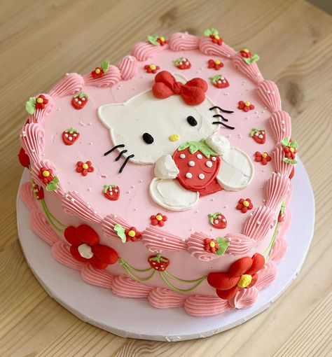 Saniro Cake Ideas, Hello Kitty Cake Easy, Small Hello Kitty Cake, Hello Kitty B Day Party, Hello Kitty Strawberry Birthday, Hello Kitty Strawberry Cake, Pastel Hello Kitty Aesthetic, Hello Kitty Cakes Birthday, Cute Easy Cake Decorating Ideas