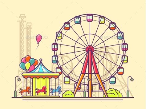 Funfair With Ferris Wheel Fun Fair Drawing, Carnival Carousel, Holiday Journal, Carnival Art, Fun Fair, I'm Bored, Simple Cartoon, Color Pencil Drawing, Shop Ideas