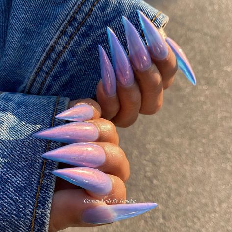 Mylar Nails, Blue Stiletto Nails, Blue Press On Nails, Blue Chrome Nails, Stilleto Nails Designs, Hot Nail Designs, Blue Glitter Nails, Chrome Nails Designs, Soft Gel Nails