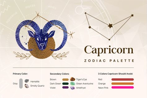 Capricorn Color Palette, Capricorn Colors, Aura Of Capricorn, Stones For Capricorn, Zodiac Sign Colors Palette Capricorn, Zodiac Colors, Capricorn Crystals And Stones, Color Science, Witch Spells