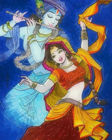 Krishna Dancing, Rukmini Krishna, Radha Krishna Modern Art, Rama Krishna, Shri Radhe, Radhe Shyam, Krishna Drawing, Radha Painting, Holi Special