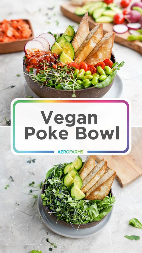 Bowl filled with microgreens, tofu, radishes, kimchi, edamame, ginger, tomatoes, and cucumbers Healthy Poke Bowl Recipe, Tofu And Kimchi, Healthy Poke Bowl, Tofu Poke Bowl, Tofu Poke, Vegan Poke Bowl, Vegan Poke, Recipe Tofu, Pescatarian Meals