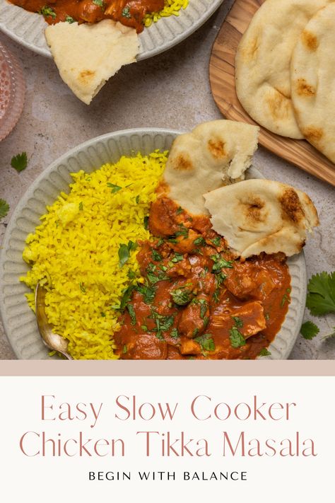 This slow cooker chicken tikka masala recipe features a creamy sauce with warm spices. It makes for a quick and simple weeknight meal. Crockpot Tikka Masala Chicken, Chicken Tikka Masala Slow Cooker, Slow Cooker Chicken Tikka Masala, Tikka Masala Sauce, Chicken Tikka Masala Recipes, Masala Sauce, Easy Slow Cooker Chicken, Tikka Masala Recipe, Chicken Tikka Masala