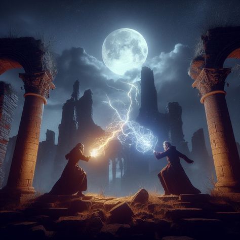 A cinematic moonlit scene in an ancient ruin with two wizards engaged in an intense magical duel. Magic Portal, Fantasy Series, Ancient Ruins, Wizard, Witch, Emerald, The Originals, Quick Saves, Ruins