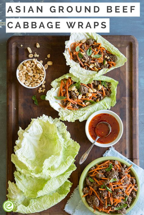 Asian Ground Beef and Cabbage Wraps | eMeals.com Cabbage Wraps Beef, Essen, Napa Cabbage Wraps, Cabbage Wraps Recipes, Cabbage Meals, Asian Ground Beef, Cabbage Tacos, Ground Beef Cabbage, Physical Transformation