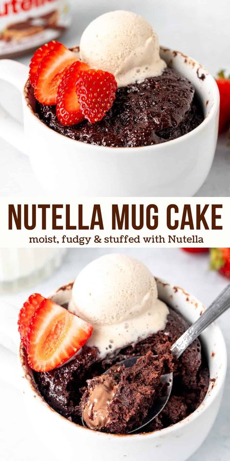 Mug Cake Recipe Nutella, Chocolate Mug Cake Nutella, Things To Make With Nutella Easy No Bake, How To Make A Nutella Mug Cake, Nutella Easy Dessert, Nutella Desserts Easy Quick, What To Make With Nutella, Easy Nutella Dessert Recipes, Nutella Mug Cake Microwave