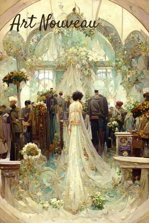 Beautiful Art Nouveau wedding ceremony Vintage Nouveau Wedding, Art Nouveau Wedding Theme, Art Nouveau Wedding Decorations, Art Nouveau Wedding Dress, 30s Wedding, Art Nouveau Aesthetic, Lemons Wedding, Art Nouveau Theme, Whimsy Wedding