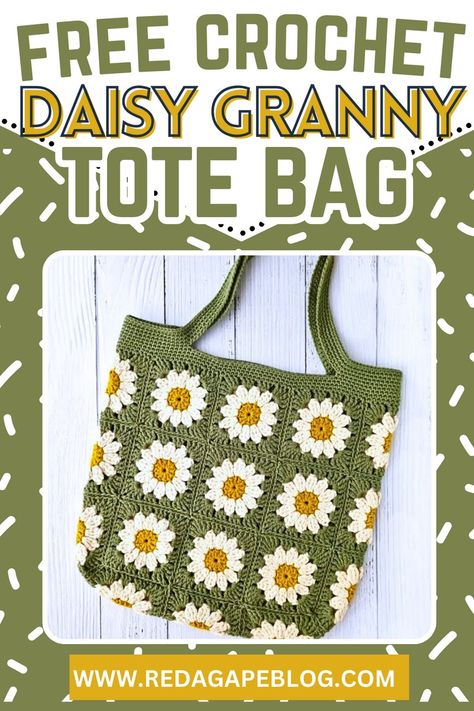 Daisy Tote Bag Crochet Daisy Tote Bag, Tote Bag Patterns, Daisy Bags, 5mm Crochet Hook, Tote Bag Pattern Free, Loom Knitting Projects, Green Yarn, Free Crochet Bag, Granny Square Bag