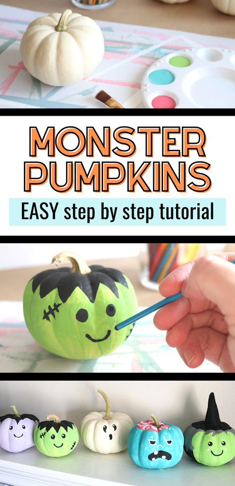 These hand painted pumpkins make the cutest Halloween decor! This step by step tutorial breaks it down so even beginner painters or kids can enjoy this pumpkin craft! Instructions for a vampire pumpkin, frankenstein pumpkin, ghost pumpkin, zombie pumpkin, and witch pumpkin. Paint A Pumpkin Station, Painted Vampire Pumpkin, Pumpkin Vampire Painting, Mini Pumpkin Activities, Cute Frankenstein Pumpkin Painting, Witch Painting Pumpkin, Pumpkin Paint Party Ideas, Family Halloween Craft Ideas, Pumpkin Painting Ideas Eyeball