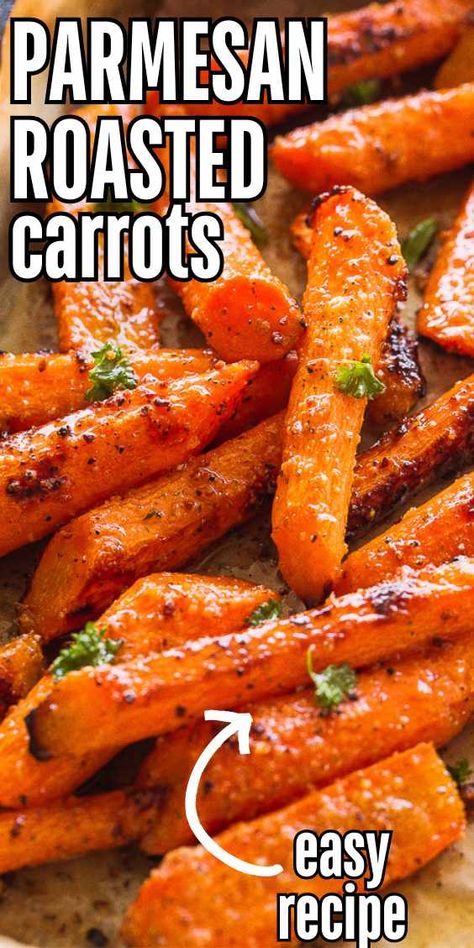 Parmesan Roasted Carrots are a super easy, family-favorite side dish! Tossed in a garlicky, buttery Parmesan coating, these roasted carrots are packed with flavor. With just a few ingredients, you’ll have these deliciously cheesy carrots ready to serve in no time! Roasted Carrots Recipe Ovens, Best Baked Carrots, Roasted Garlic Carrots Oven, Parm Roasted Carrots, Parmesan Garlic Roasted Carrots, Cooking Fresh Carrots, Roared Carrots, Thanks Giving Carrot Recipe, Roasted Carrot Sticks