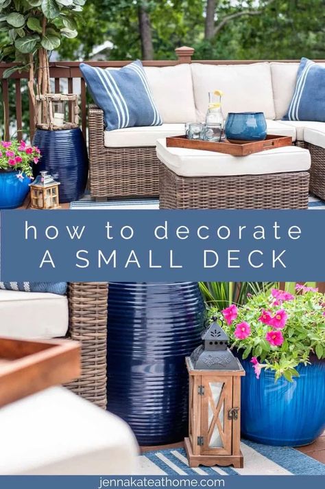 Get the most out of your small deck with these beautiful and easy to achieve decorating ideas! Get an amazing space to relax and entertain with these tips. Pool Deck Decorations, Outdoor Deck Decorating, Small Deck Decorating, Deck Makeover, Back Deck Decorating, Small Deck Decorating Ideas, Patio Inspiration, Apartment Patio Decor, Small Deck