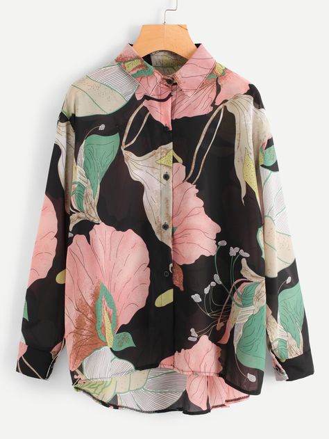 All Over Florals Dip Hem Shirt -SheIn(Sheinside) Floral Shirt Outfit, Dip Hem Shirts, Women Shirt Designs, Shirt Design For Girls, Blouse Casual Fashion, Trendy Fashion Tops, Hem Blouse, Fashion Attire, Women Blouses