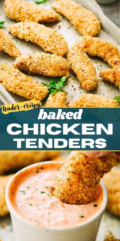 These baked chicken tenders are perfectly juicy on the inside and coated with a crispy, parmesan-panko crust on the outside. They're even better when dipped in our favorite zesty chili yogurt sauce! Oven Baked Tenderloin Chicken, Chicken Panko Recipes, Baked Chicken Tenders Recipes Oven, Breaded Chicken Tenders Oven, Chicken Tenders Panko, Panko Breaded Chicken Tenders, Baked Tenderloin, Healthy Panko Crusted Chicken, Oven Baked Chicken Tenders No Breading